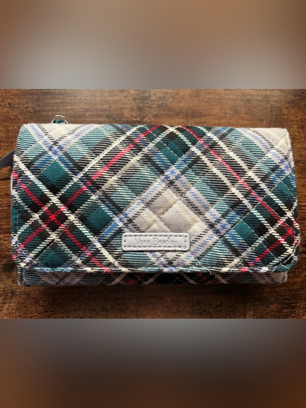 Vera Bradley Teal Green Plaid Quilted Wallet with Red Accents